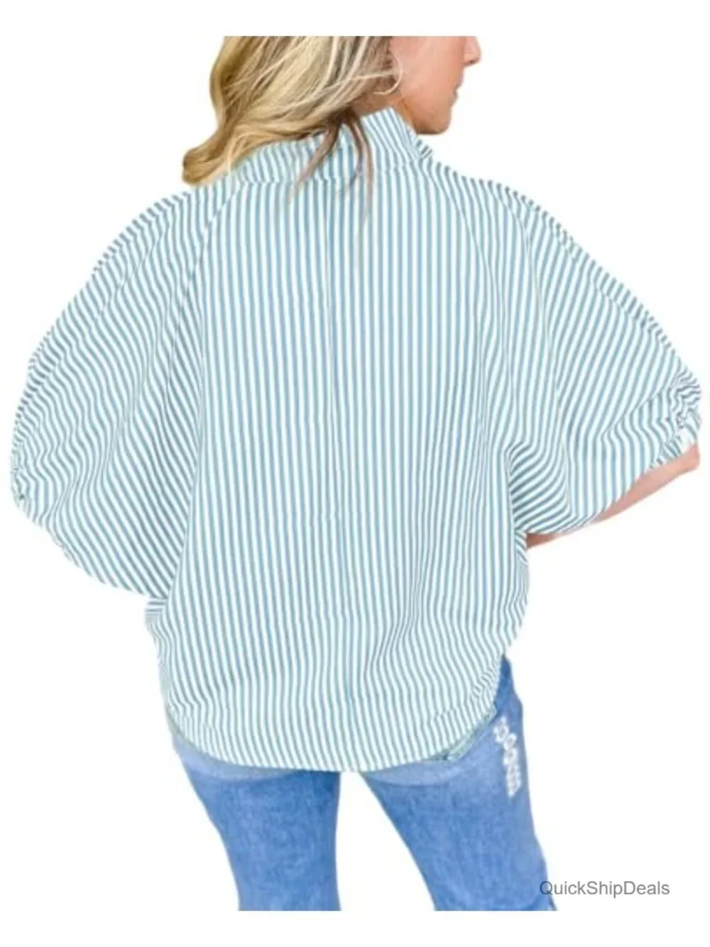 Striped Contrast Neck Blouse | Dolman Puff Sleeve Top | Relaxed Fit
